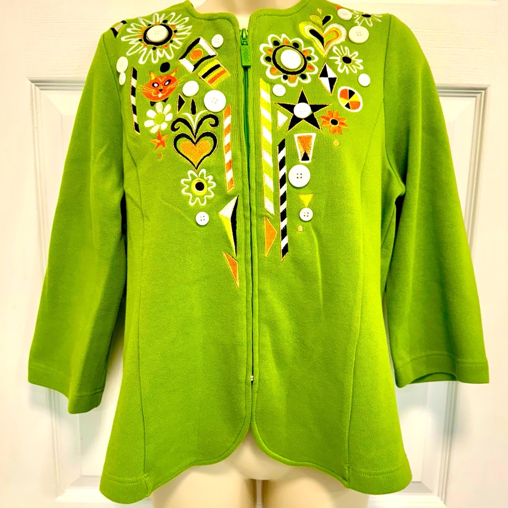 Womens BOB MACKIE GREEN JUBILATION Zip Up CAT THEMED SWEATER JACKET
